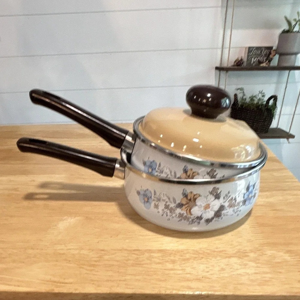 Vintage Crowning Spring Harvest Blossom Porcelain Enamel Saucepan Set w/ Lid